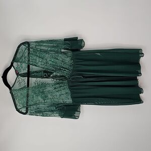 Sexy Sheer Nightie Lace & Mesh Deep Green Open Front w Drawstring Thong Panties
